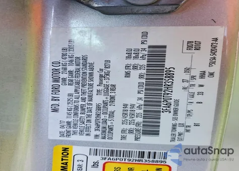 2017 Ford Fusion Se z USA, uszkodzony, nr VIN 3FA6P0T92HR358895